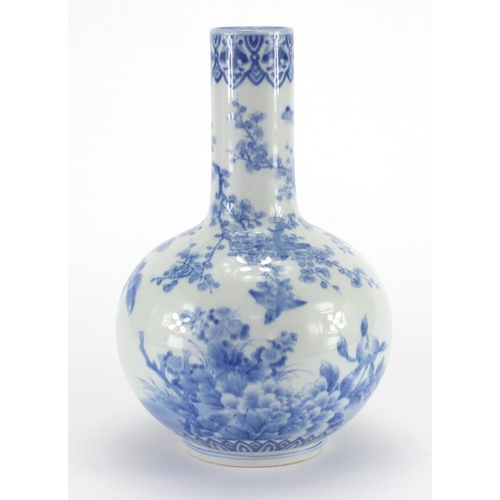 144 - Japanese blue and white porcelain bottle vase hand painted with Chrysanthemums, character marks to t... 