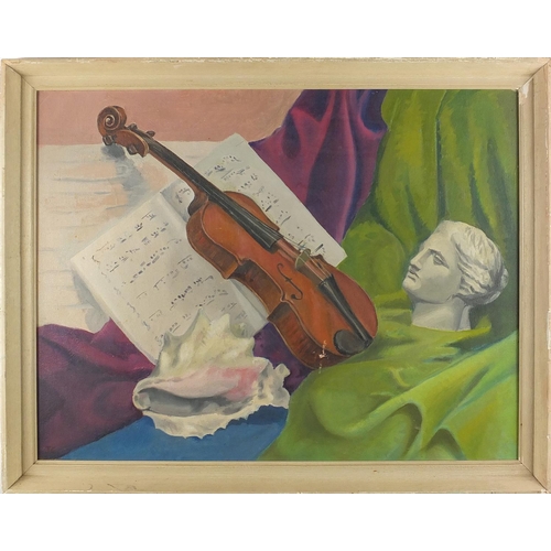 126 - Still lif iteems, oil onto board, bearing a monogram JC, framed, 49cm x 38cm