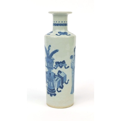 282a - Chinese blue and white porcelain vase of cylindrical form, hand painted with four figures and precio... 