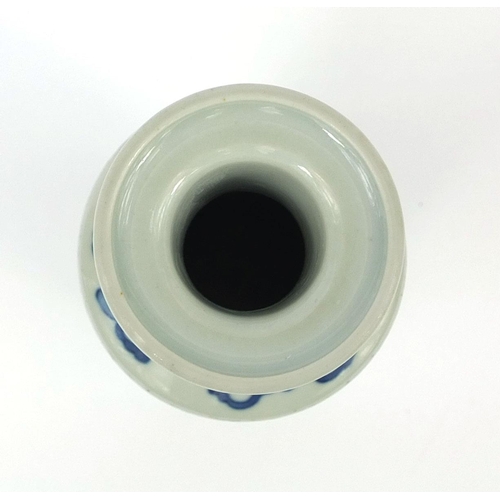 282a - Chinese blue and white porcelain vase of cylindrical form, hand painted with four figures and precio... 