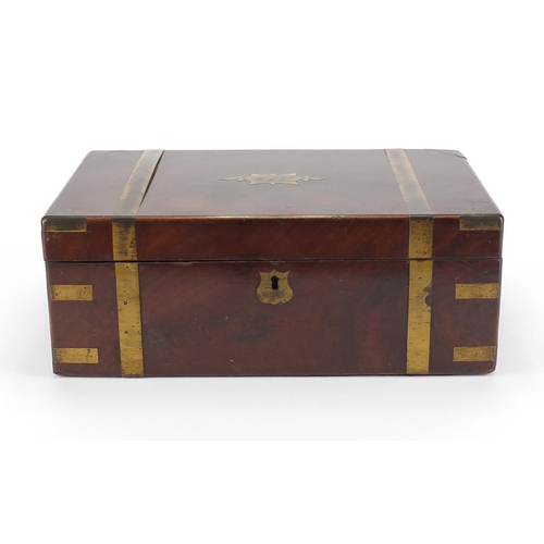 2092 - Victorian mahogany brass bound writing slope, with secret drawers, 16cm H x 40cm W x 25cm D