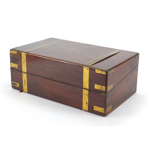 2092 - Victorian mahogany brass bound writing slope, with secret drawers, 16cm H x 40cm W x 25cm D