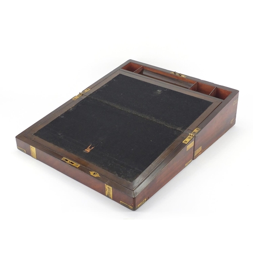 2092 - Victorian mahogany brass bound writing slope, with secret drawers, 16cm H x 40cm W x 25cm D