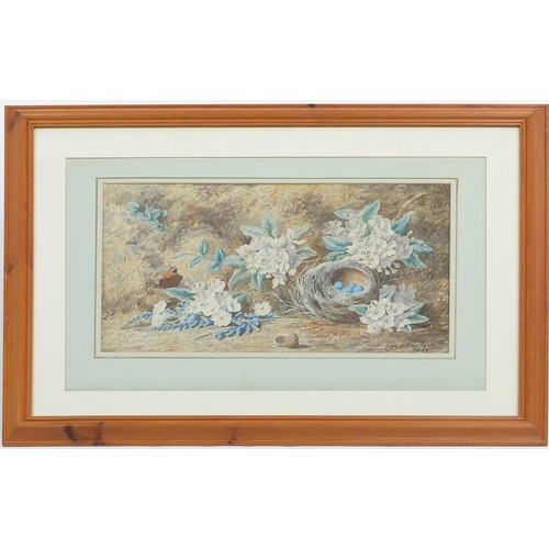 54 - Watercolour onto card, birds nest amongst flowers, bearing signature Lottie Clarkson 1889, mounted a... 