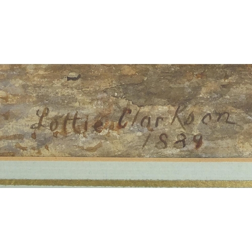 54 - Watercolour onto card, birds nest amongst flowers, bearing signature Lottie Clarkson 1889, mounted a... 