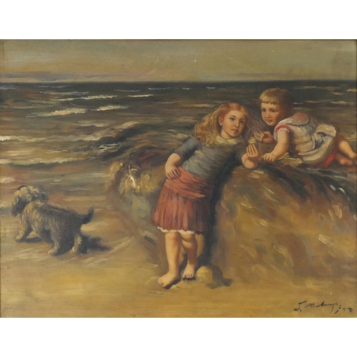 2141 - Children with their dog by the beach, oil onto board,  bearing an indistinct signature, gilt framed,... 