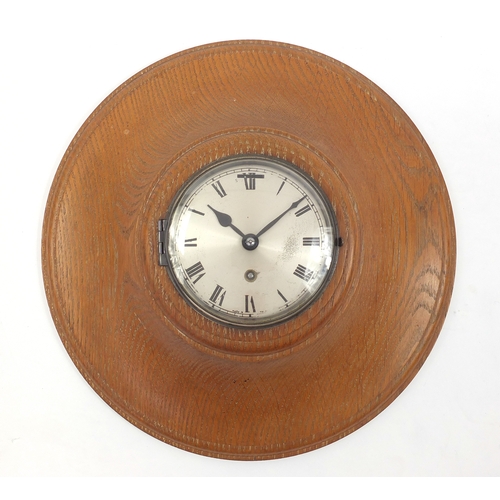 2080a - Art Deco limed oak wall clock, with silvered dial, probably retailed by Heals, 35cm in diameter