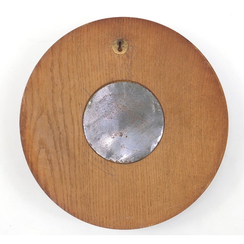 2080a - Art Deco limed oak wall clock, with silvered dial, probably retailed by Heals, 35cm in diameter