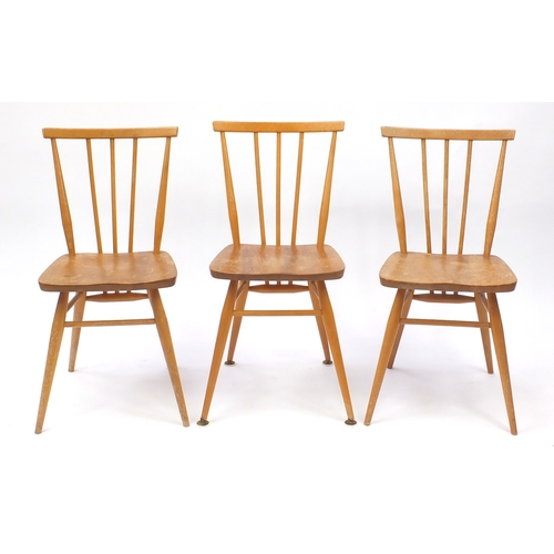 2044a - Set of six Ercol light elm stick back dining chairs, each with labels, each 80cm high