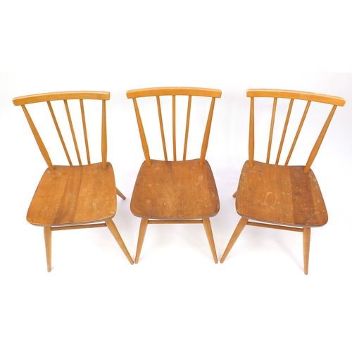 2044a - Set of six Ercol light elm stick back dining chairs, each with labels, each 80cm high