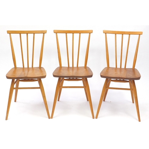 2044a - Set of six Ercol light elm stick back dining chairs, each with labels, each 80cm high