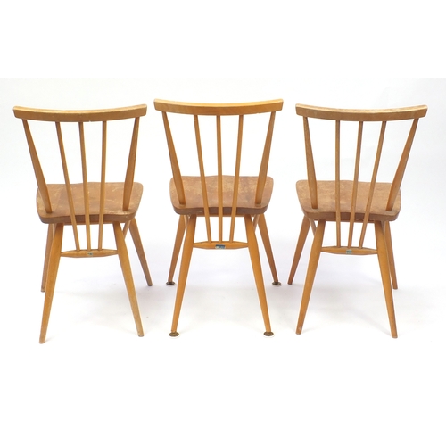 2044a - Set of six Ercol light elm stick back dining chairs, each with labels, each 80cm high