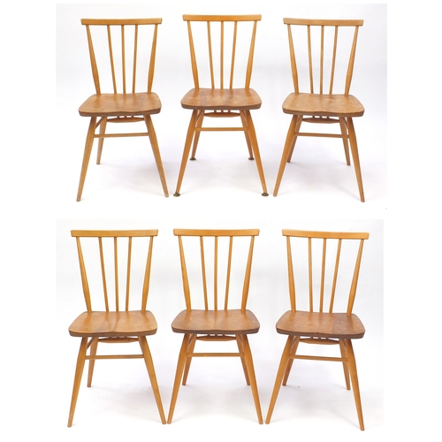 2044a - Set of six Ercol light elm stick back dining chairs, each with labels, each 80cm high