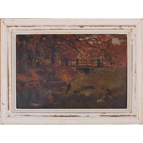11 - Oil onto wood panel, figure crossing a bridge, bearing a signature G Cox, inscribed verso, framed, 4... 