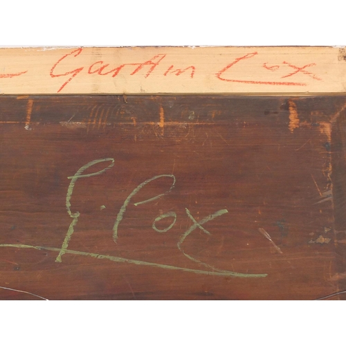 11 - Oil onto wood panel, figure crossing a bridge, bearing a signature G Cox, inscribed verso, framed, 4... 