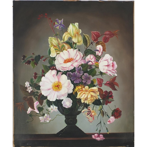 32 - Unframed oil onto canvas, still life flowers in a vase, inscribed verso, 62cm x 50cm