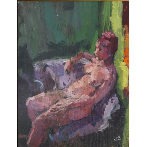 34 - After Gotlib, oil onto wood panel, seated nude female, gilt framed, 45cm x 34cm excluding the frame