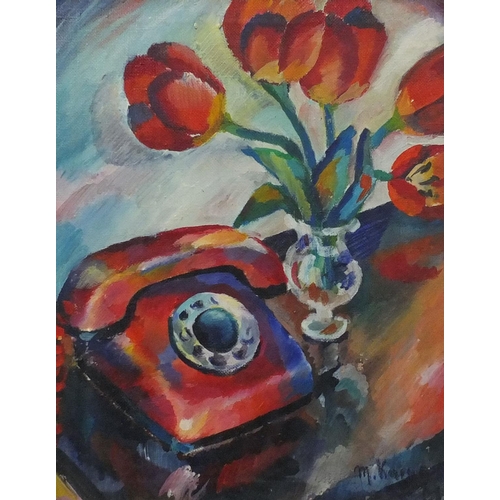 228 - Oil onto canvas, still life dial telephone and flowers, bearing a signature M Karpenko, inscribed Ma... 