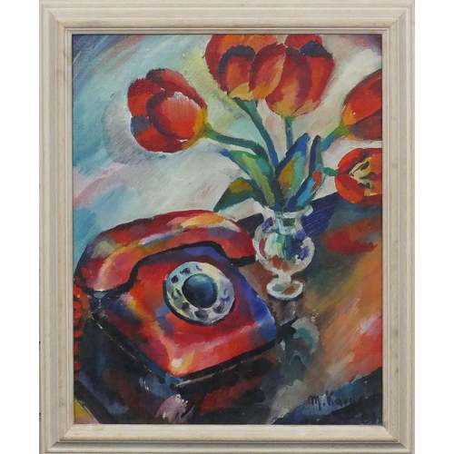 228 - Oil onto canvas, still life dial telephone and flowers, bearing a signature M Karpenko, inscribed Ma... 