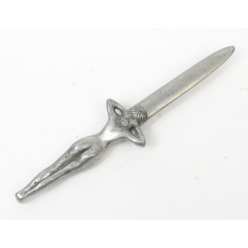 473 - Decorative white metal nude lady letter opener, the blade engraved Naples, 27cm long