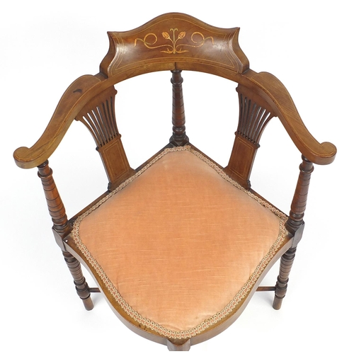 45 - Edwardian inlaid mahogany corner chair, 76cm high