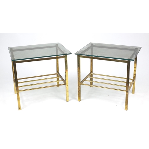 47 - Pair of vintage brass occasional tables with glass tops, 46cm H x 50cm W x 40cm D