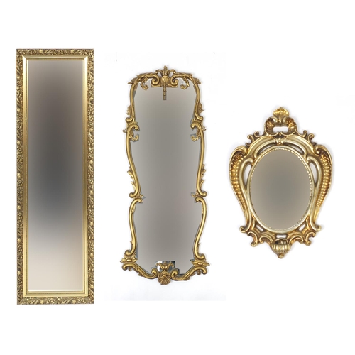 62 - Three gilt framed mirrors, the larger with bevelled plate, 133cm x 41cm