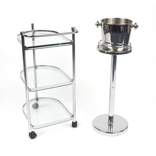 89 - Polished metal and glass three tier trolley and ice bucket on stand