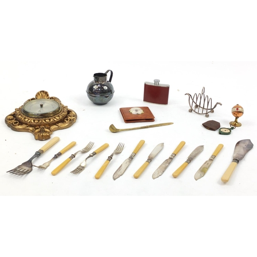 184 - Box of objects including a Bakelite map measurer, fish knives and forks, gilt barometer, silver plat... 