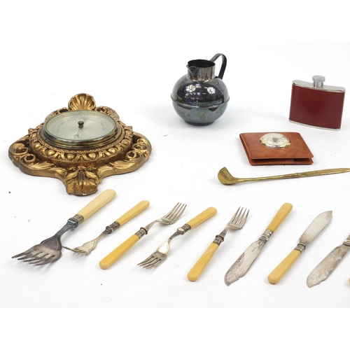 184 - Box of objects including a Bakelite map measurer, fish knives and forks, gilt barometer, silver plat... 