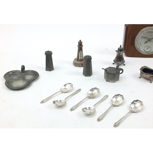 191 - Assorted metal wares including a pewter, silver plated cruet set polished stone lighthouse thermomet... 