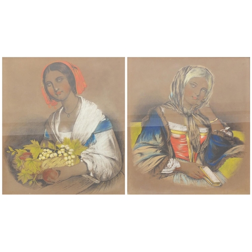 213 - Pair of pastel portraits of females with birds eye maple frames, each 54cm x 47cm