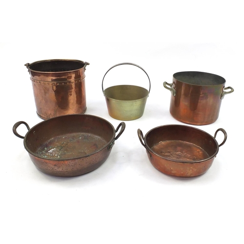 217 - Copper and brass ware including an Elkington stock pot, coal bucket and pans