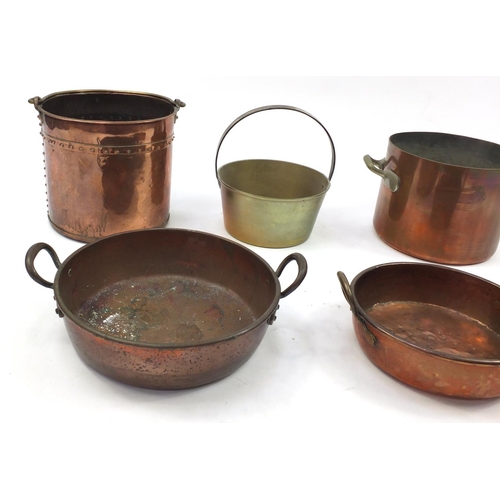 217 - Copper and brass ware including an Elkington stock pot, coal bucket and pans