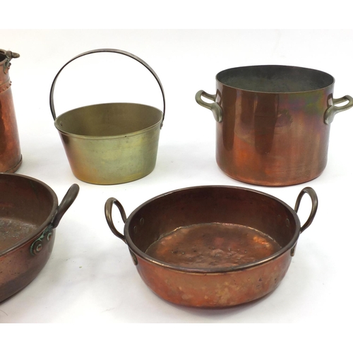 217 - Copper and brass ware including an Elkington stock pot, coal bucket and pans