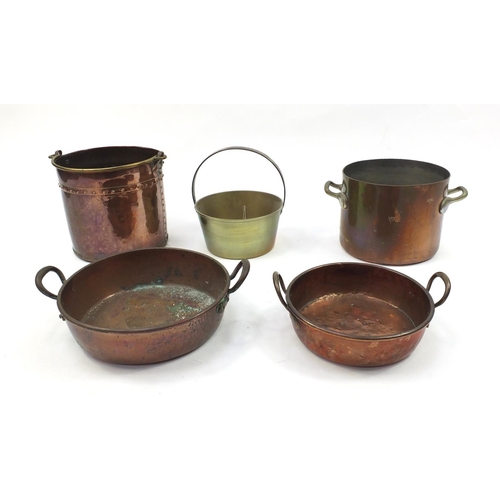 217 - Copper and brass ware including an Elkington stock pot, coal bucket and pans