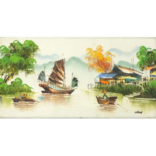 148 - Three unframed oil on canvas views, of junks and fishing boats, each signed Cheng, 61cm x 31cm