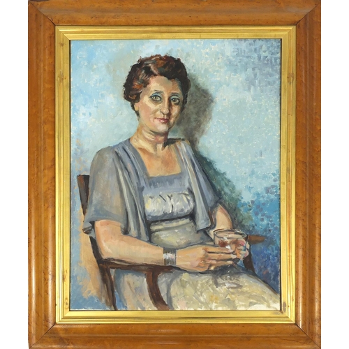 123 - Oil on board, female portrait holding a glass, with birds eye maple frame, 60cm x 46cm