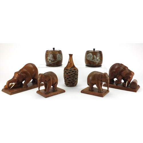 160 - Treen items including a pair of tobacco pots and elephant book ends etc