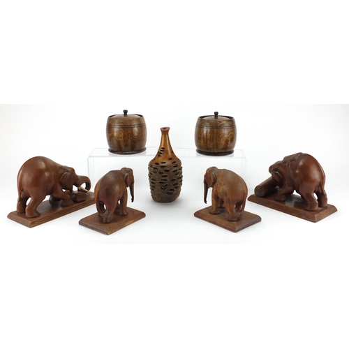 160 - Treen items including a pair of tobacco pots and elephant book ends etc