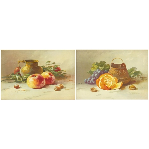 230 - Pair of prints, still life fruit and objects, both in ebonised wood frames, 35cm x 25cm