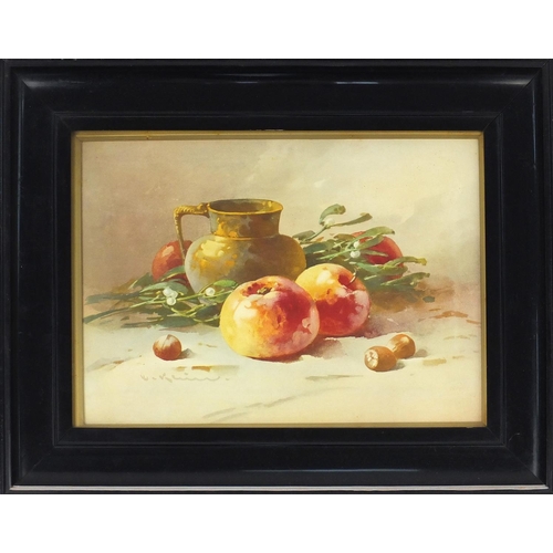 230 - Pair of prints, still life fruit and objects, both in ebonised wood frames, 35cm x 25cm