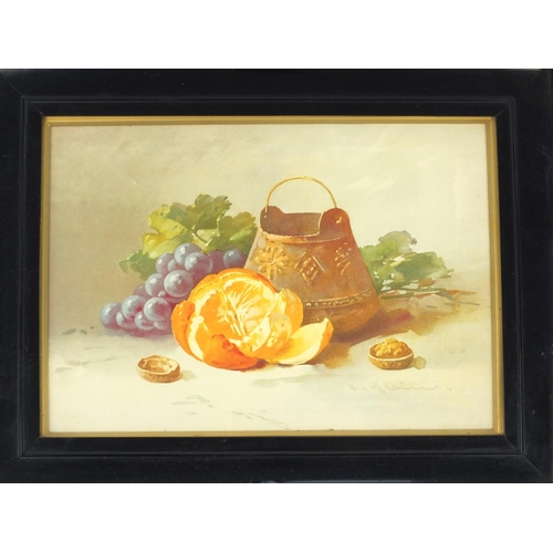 230 - Pair of prints, still life fruit and objects, both in ebonised wood frames, 35cm x 25cm