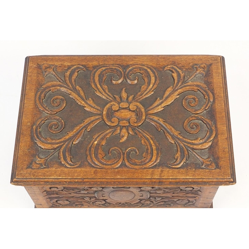 39 - Carved oak blanket box with lift off lid, 38cm H x 58cm W x 40cm D