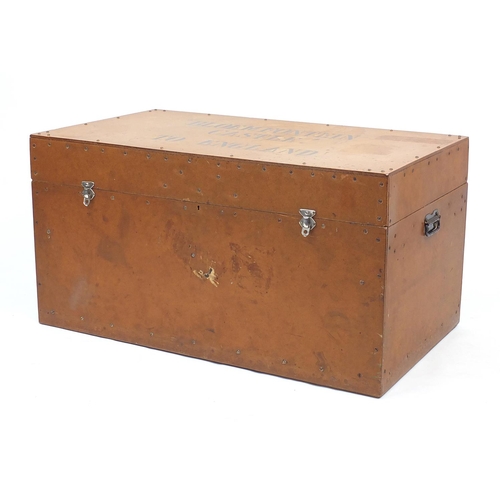 30 - Wooden travelling trunk, the lid painted Bloemfontein Castle to England, 47cm H x 91cm W x 52cm D