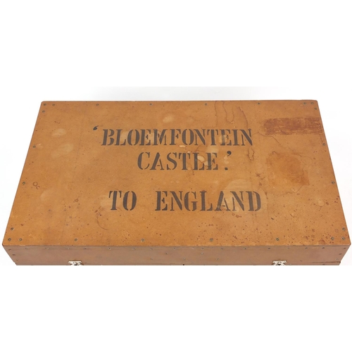 30 - Wooden travelling trunk, the lid painted Bloemfontein Castle to England, 47cm H x 91cm W x 52cm D