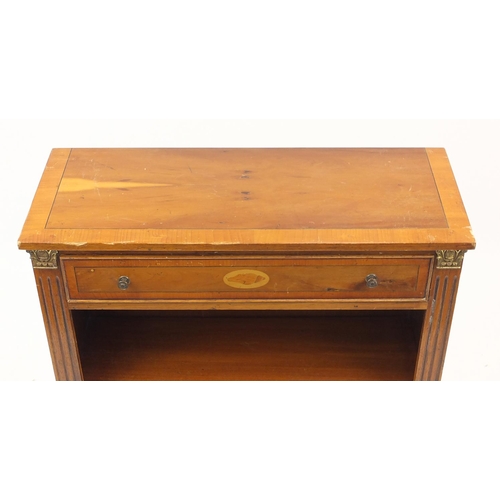29 - Inlaid yew dwarf book case fitted with a frieze drawer, 82cm H x 85cm W x 30cm D