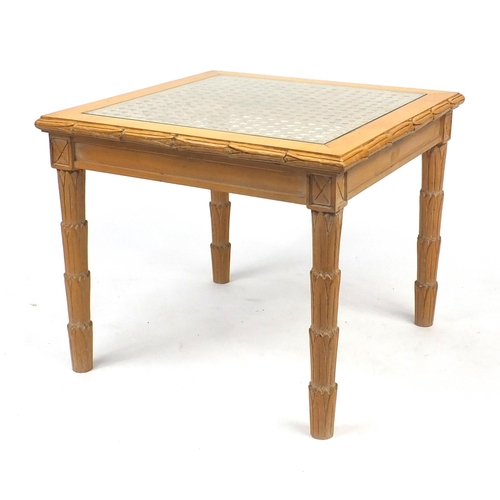 53 - Bleach wood simulated bamboo and cane coffee table with glass insert, 49cm H x 59cm W x 59cm D