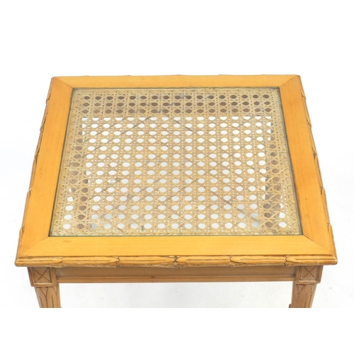 53 - Bleach wood simulated bamboo and cane coffee table with glass insert, 49cm H x 59cm W x 59cm D