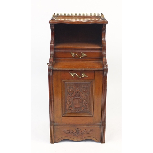 6 - Victorian walnut pot cupboard with brass gallery and handles, 90cm high